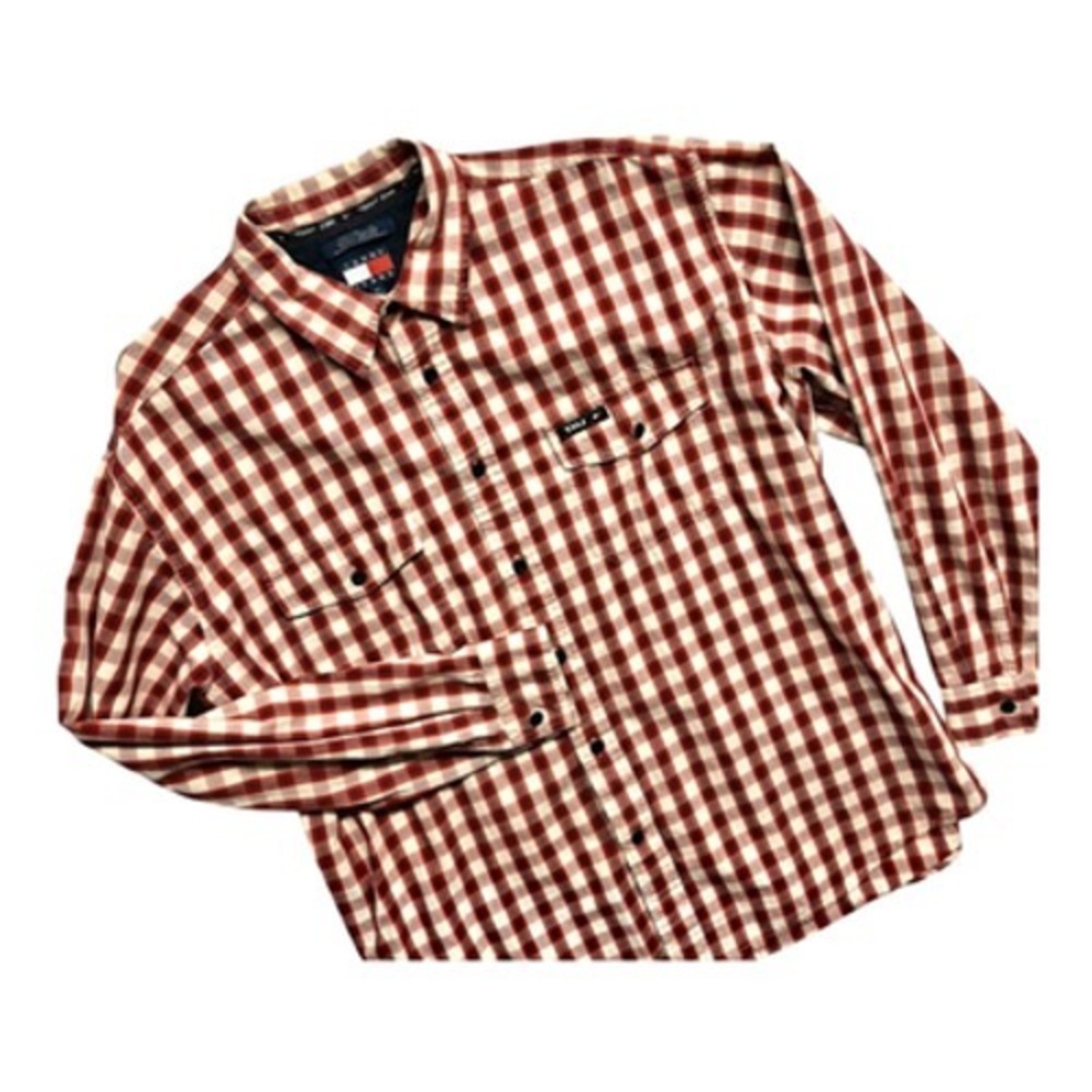 Tommy Hilfiger Jeans Mens XL Long Sleeve Shirt Plaid Red THJ logo Honk Kong